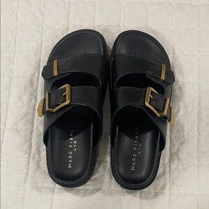 Marc Fisher Black Slides with Gold Accents